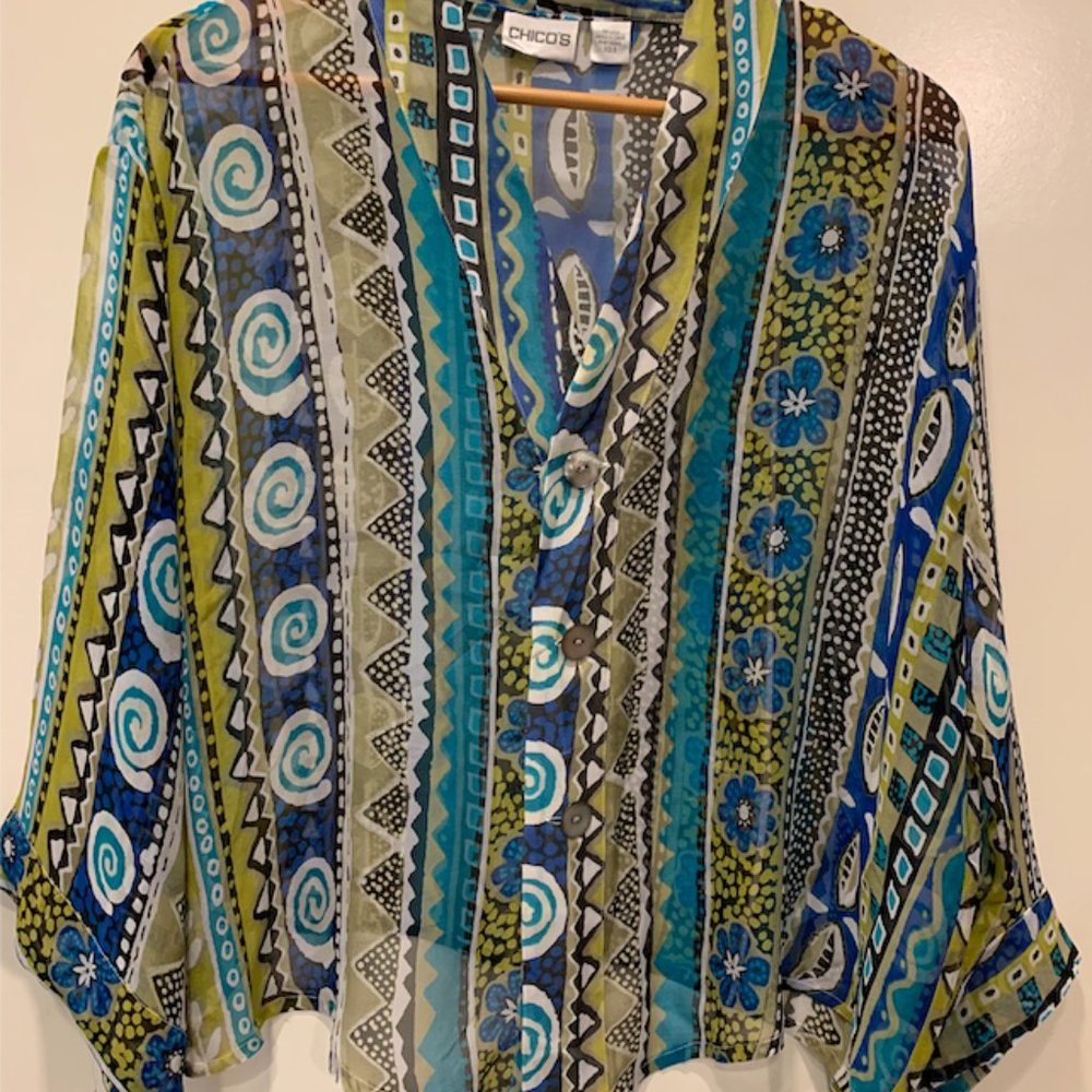 Chico's silk print thin blouse NWOT sz 2 or Large